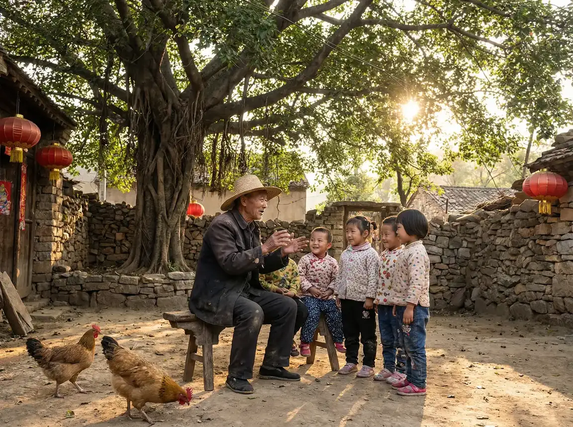 老人在大榕树下给孩子们讲故事 - 荣华馆 乡村记忆